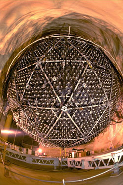Figure 3 :  The Sudbury Neutrino telescope  in Canada. The 12-meter sphere contains  12,000 detectors that watch for the light from neutrinos that streak through the water filling the interior of the sphere. (Courtesy - Stanford Solar Center)