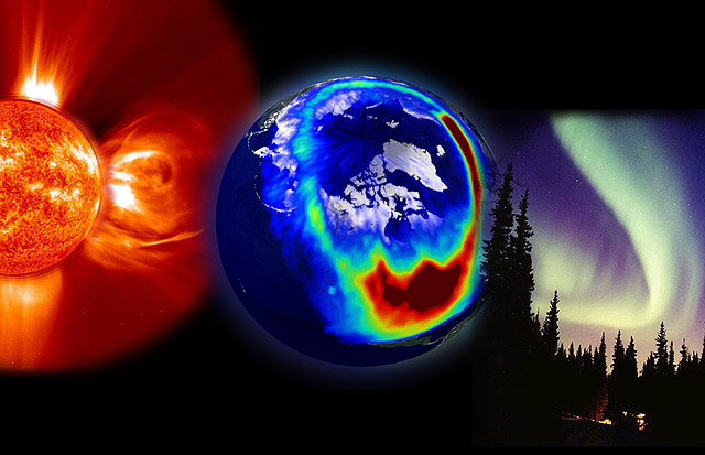 This composite image presents the three most visible elements of space weather: a storm from the Sun, aurora as seen from space, and aurora as seen from the Earth.  The solar storm is a corona mass ejection (CME) composite from EIT 304� superimposed on a LASCO C2 image, both from SOHO.  The middle image from Polar�s VIS imager shows charged particles as they spread down across the U.S. during a large solar storm event on July 14, 2000. Lastly, Jan Curtis took this image of an aurora display in Alaska, the visible evidence of space weather that we see here on Earth. 