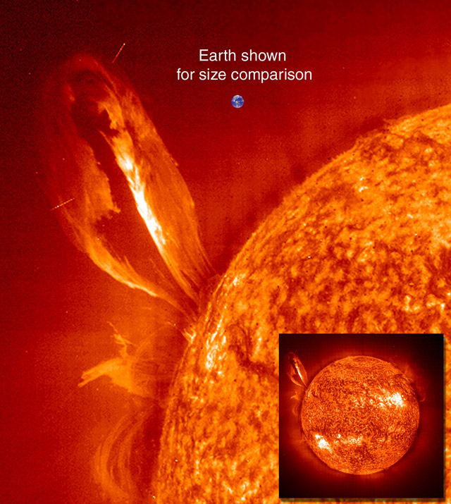 Large, eruptive prominence in He II at 304�, with an image of the Earth added for size comparison. This prominence from 24 July 1999 is particularly large and looping, extending over 35 Earths out from the Sun. Erupting prominences (when Earthward directed) can affect communications, navigation systems, even power grids, while also producing auroras visible in the night skies.